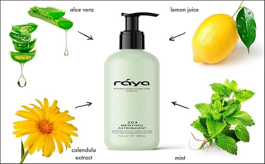 RAYA Menthol Astringent 16 oz (203) | Effective Facial Toner for Combination and Partially Oily Skin Prone to Break-Outs | Helps Refine, Tighten, and Protect pH Balance | Cools, Refreshes and Soothes
