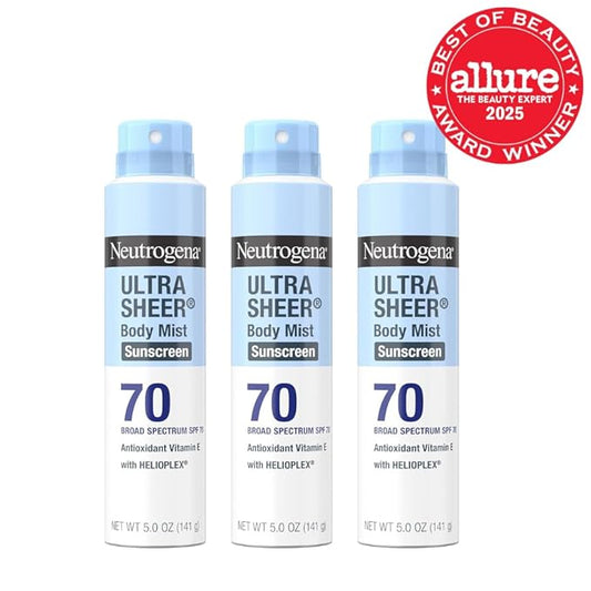 Neutrogena Ultra Sheer Body Mist Sunscreen Spray, Broad Spectrum SPF 70, Lightweight Spray Sunscreen, Non-Greasy & Water Resistant, Oil-Free & Non-Comedogenic UVA/UVB, 5 oz, Pack of 3