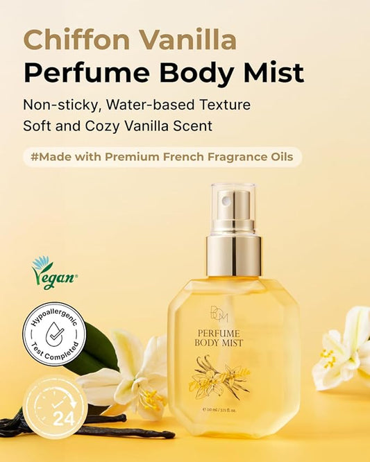 BOM Chiffon Vanilla Perfume Body Mist 3.71 Fl Oz, Vanilla Scented Fine Mist with Hyaluronic Acid, Niacinamide & Vitamin C, Hydrating, Lightweight Spray with Long-Lasting Fragrance, Korean Skincare