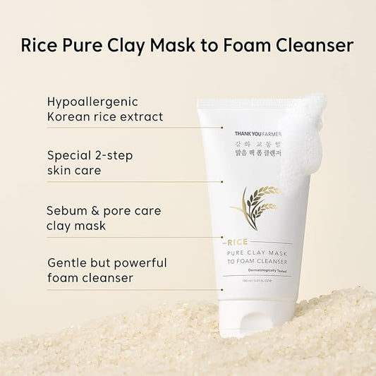 THANKYOU FARMER Rice Pure 2-IN-1 Korean Clay Mask to Foam Cleanser 5.27 fl.oz, Removes Excess Oil, Removing Dead Skin Cells, Soft Skin, Pore Purifying, Dermatologist Tested Korean Face Wash