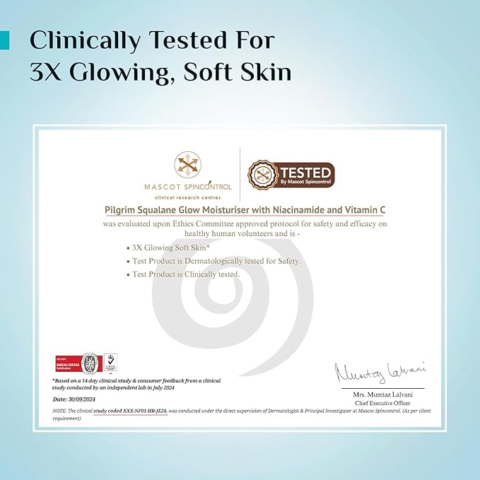 Pilgrim Squalane Glow Moisturizer | Enriched with Vitamin C & Niacinamide | Hydrating & Nourishing Daily Facial Cream | Reduce Wrinkle & Provide Youthful Glow | 1.76 Oz/50gm