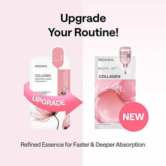 Mediheal Collagen Essential Sheet Mask Core Firming 10 pcs. 98% Vegan Collagen for firming, elasticity, and skin density improvement. Vegan formula