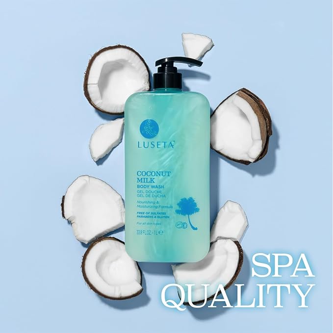 Luseta Coconut Milk Body Wash with Coconut Oil & Pomegranate -Shower Gel Body Wash for Deep Hydration, Gentle Cleansing, Soothes Skin for All Skin Types Sulfate & Paraben-Free 33.8oz