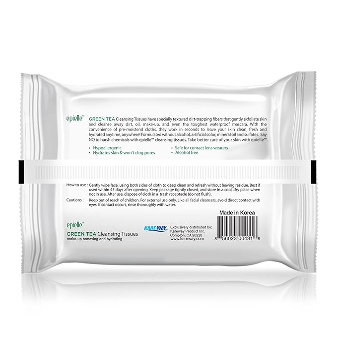Epielle New Makeup Remover Cleansing Wipes Tissue - Cucumber 30 Count 6 Pack | Gentle for all Skin Types | Daily Facial Cleansing Towelettes | Removes Dirt, Oil, Makeup (Green Tea)