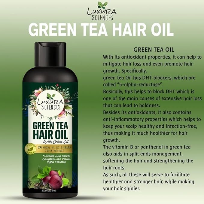 Luxura Sciences Green Tea Oil for Hair Growth | Controls Dandruff & Hair Loss | Root Strengthening Oil | Makes Hair Soft, Shiny & Thick | 6.76 Fl Oz/200 ml