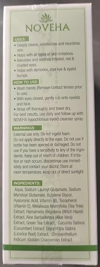 NOVEHA Tea Tree Oil Foaming Gentle Cleanser | Therapeutic Daily Skincare For Eyelash & lids, Eye Irritations, Stye Eyes, Skin Dryness, Moisturize with Organic Ingredients, All Types, 3.38 Ounce