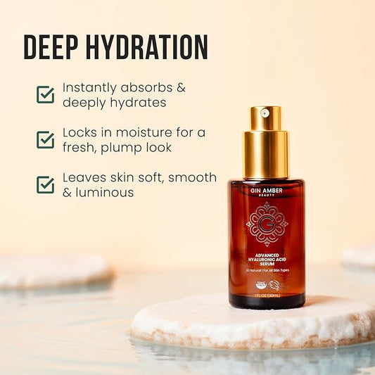 Gin Amber Beauty - Advanced Hyaluronic Acid Serum For Face - Hydrating Facial Serum - Face Serum Hyaluronic Acid (1 fl. oz, 30 ml)