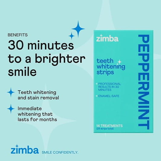 Zimba Peppermint Flavored Teeth Whitening Strips | Vegan, Enamel Safe Hydrogen Peroxide Teeth Whitener for Coffee, Wine, Tobacco, and Other Stains | 14 Day Treatment | Peppermint