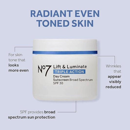No7 Lift & Luminate Triple Action Day Cream - Anti-Aging Face Cream SPF 30, Hyaluronic Acid & Vitamin C - Visibly Firms Skin for Healthy Looking Radiance - Suitable for Sensitive Skin (1.69 Fl Oz)