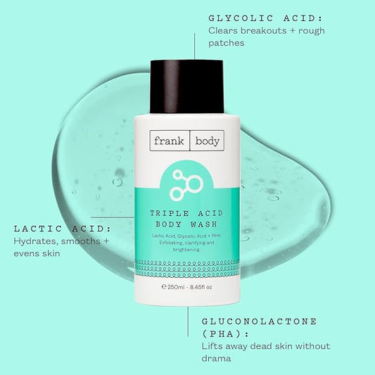 frank body Triple Acid Body Wash | Clears Body Acne & Smooths KP Bumps | Daily Exfoliating Cleanser with Lactic, Glycolic & PHA Acids | Vegan & Cruelty-Free | Rosemary Spa Scent | 250ml/8.45 fl oz