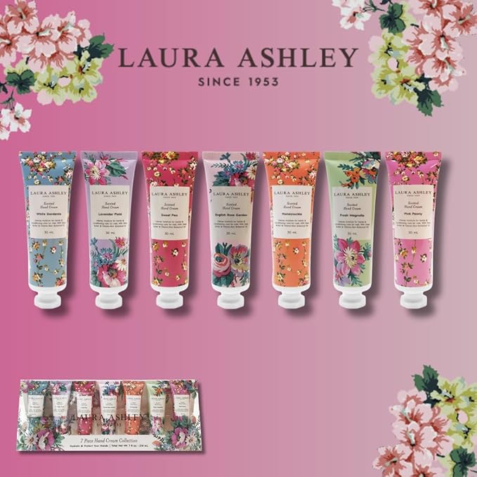 Laura Ashley Hand Cream Gift Set β 7 Piece Travel Size Lotion Collection for Women, Mini Hand Cream for Dry Skin, Moisturizing Hand Lotion with Lavender, Rose, Magnolia & More β 30ml Each