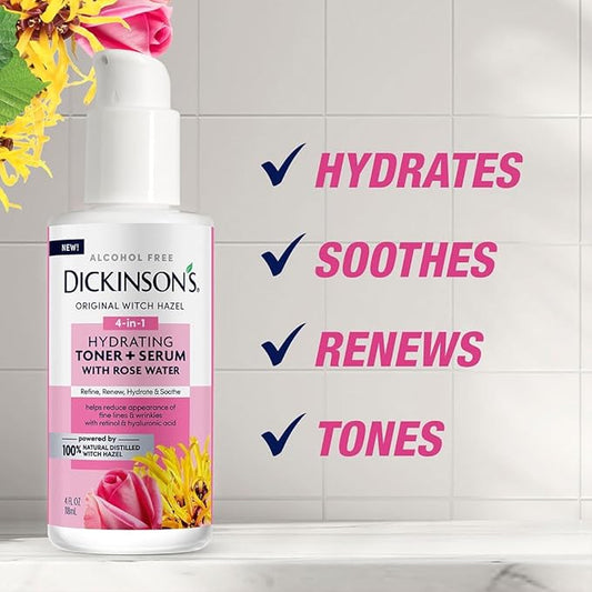 Dickinson's Original Witch Hazel Hydrating Toner + Serum with Rose Water | 100% Natural Distilled Witch Hazel | Alcohol-Free | Hydrates, Tones, Renews, and Soothes Skin | 4 Fl Oz