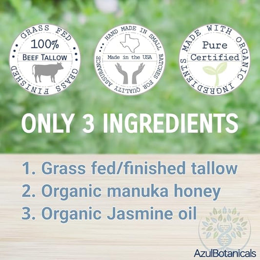 Simply Whipped Tallow Balm, Only 3 Ingredients, Grassfed/finished Tallow, Manuka Honey, and Jasmin Scent (Essential Oil) 50g (1.7 oz)