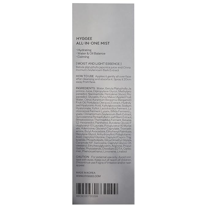 HYGGEE All in One Mist - Hydrating & Soothing Face Essence Spray for All Skin Types - Probiotics & Birch Sap Extract - Oil Control Gas Free Mist - Skin Irritation Free, 3.38 fl.oz.