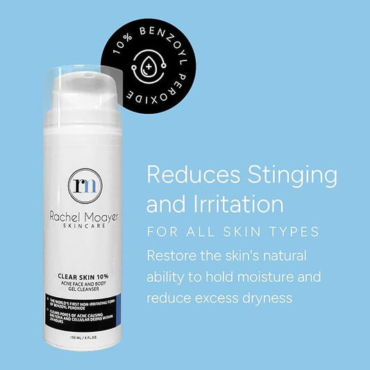 Rachel Moayer Clear Acne Face Wash & Acne Body Wash Gel Cleanser with 10% Benzoyl Peroxide, Ideal for Back Acne, Clear and Prevent Breakouts with Body Wash for Acne Prone Skin, Non-Irritating Formula
