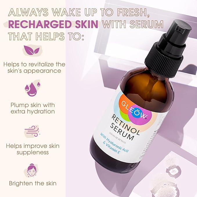 GLEOW Retinol Serum for Face with Hyaluronic Acid, Retinol for Face Is Suitable for All Skin Types, Hydrating Serum Women and Men Plumps Youthful Appearance 2oz