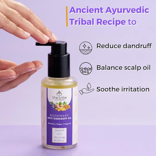 The Tribe Concepts Rosemary Anti Dandruff Hair Oil - Strengthens Hair, Itchy Flakes Scalp, Dandruff Remover with Rosemary, Ginger, Fenugreek, Pippali for Men Women 100 ml Pack of 1 Gold