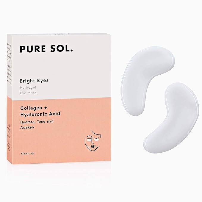PURE SOL. Hydrogel Collagen Eye Mask with Hyaluronic Acid, Grape Seed Extract, Hydrate, Tone and Awaken (12 pairs)