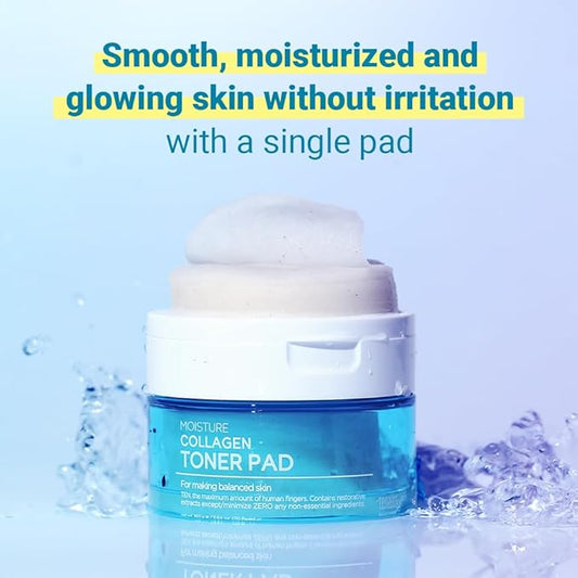 TENZERO Moisture Collagen Toner Pad (70 Count, 160g), 100% Natural Cotton, Hydrating Moisturizing Glowing Face Toner Pads, Gentle Exfoliate & Improve Elasticity, Korean Facial Toner, Dry & Dull Skin