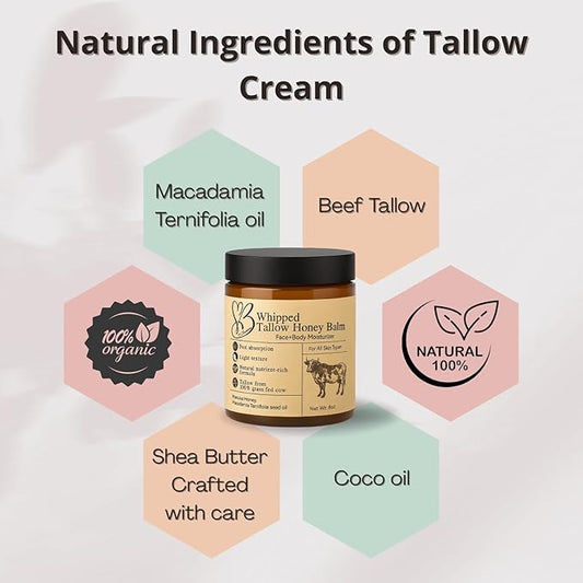 Beef Tallow for Skin- Tallow Balm for face- Tallow Face Moisturizer - Beef Tallow Moisturizer- Tallow and Honey Balm - Grass Fed Beef Tallow For Skin - Tallow Face Cream Lotion (8.0 oz)