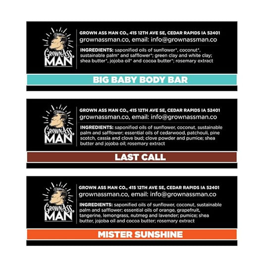 Grown Ass Man Co. Exfoliating Body Bars - Solid Soap with Natural Oils & Gentle Scrub - Plastic Free & Eco-Friendly, Natural & Organic for All Skin Types, 4oz Bar - Variety, 6-Pack