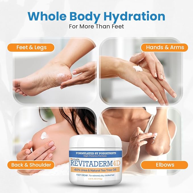 Revitaderm 4D Urea Cream 40% for Feet, Intensive Moisturizing Foot Cream for Dry, Rough, Callused Skin, Includes Free Pumice Stone and Exfoliating Brush, Fast-Absorbing, Fragrance-Free, 4oz, 5 Pack