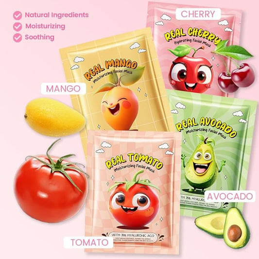 Kaely 8 Pack Fruit Face Masks for Kids, Kids Face Mask Spa Day Kit Supplies, Spa Party Favors for Teens Girls Women, Sheet Facial Mask Skincare Gifts Set, Moisturize Soothe for All Skin Types, 02
