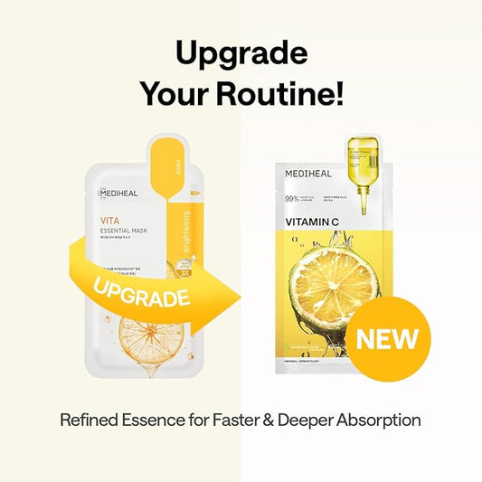 Mediheal Vitamin C Essential Sheet Mask Clear Toning 10 pcs. 99% Pure Vitamin C & 10 Vita Actives for hydration, blemish. Vegan formula