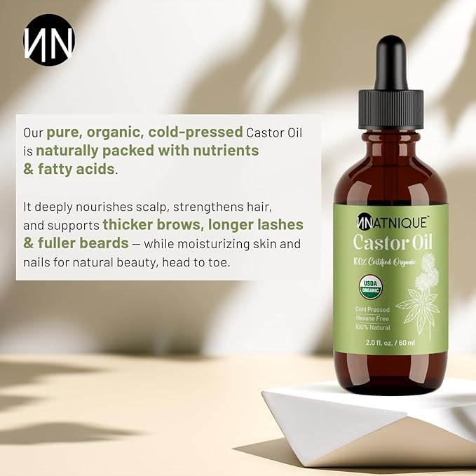 Castor Oil 2oz – USDA Certified Organic, 100% Pure Cold Pressed Unrefined Oil for Hair Growth, Eyelashes, Eyebrows & Scalp – Natural Skin Moisturizer, Lash Serum & Hair Treatment