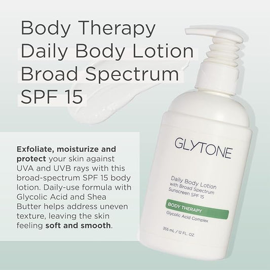 Glytone Daily Body Lotion with SPF 15–Broad Spectrum Sunscreen Moisturizer for Body –Spf Lotion with Glycolic Acid & Shea Butter – Sensitive Skin Sun Screen – Gives Non Greasy Sun Protection – 12 oz