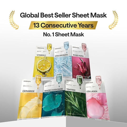 Mediheal Rose PDRN Essential Sheet Mask 10 pcs. 99% Pure White Rose PDRN & Hyaluronic Acid for hydrating, firming, and enhancing moisture barrier, skin firmness, and glow. Vegan formula