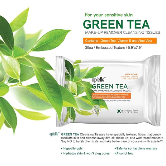 Epielle New Makeup Remover Cleansing Wipes Tissue - Cucumber 30 Count 6 Pack | Gentle for all Skin Types | Daily Facial Cleansing Towelettes | Removes Dirt, Oil, Makeup (Green Tea)