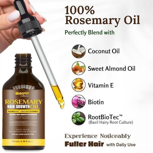 Rosemary Oil For Hair Growth (3.4 Fl Oz) Infused With Biotin, Vitamin E, Almond Oil & Coconut - Hair Strengthening, Nourishing & Volumizing