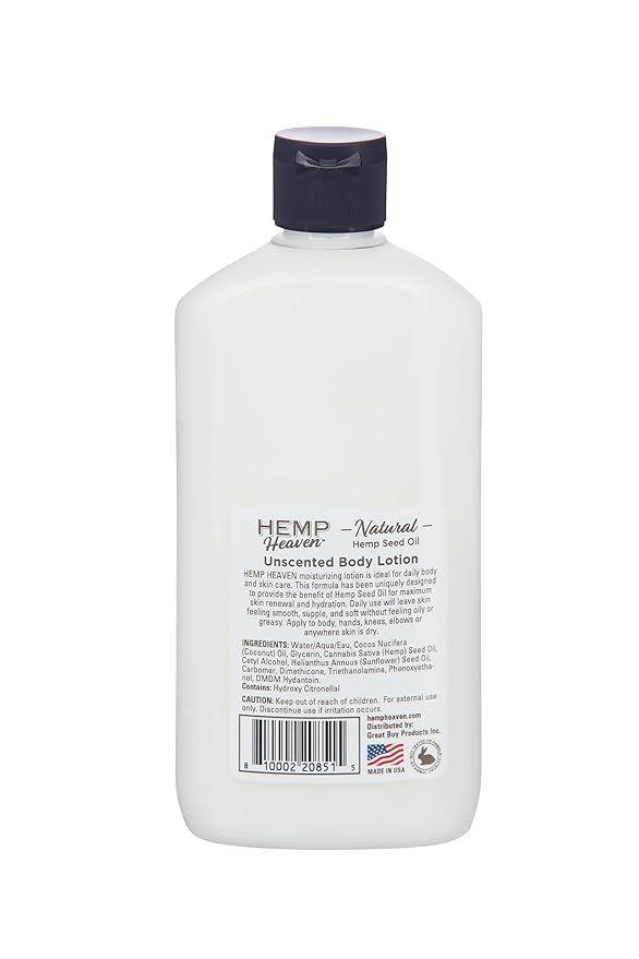 Hemp Heaven Lotion - Moisturizing Body Lotion with Natural Hemp Seed Oil & Unscented Scent, 12 oz, Paraben-Free Hemp Lotion for Women & Men, Made in USA, Soothes & Nourishes