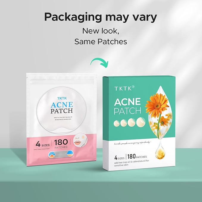 TKTK Hydrocolloid Acne Patches, Pimple Patches for Face with Tea Tree & Calendula Oil - 4 Sizes Clear Cover Stickers, Invisible for Day & Night Use (180 Count)