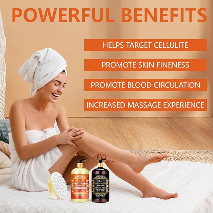 Anti Cellulite Massage Oil & Hot Cream Set with Massager, Natural Cellulite Remover, Oil & Massager for Legs Arms and Butt, Firm, Tighten & Moisturize Skin Soothes Muscles (8 Fl Oz)