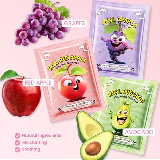 Kaely 10 Pack Fruit Face Masks for Kids, Kids Face Mask Spa Day Kit Supplies, Spa Party Favors for Teens Girls Women, Sheet Facial Mask Skincare Gifts Set, Moisturize Soothe for All Skin Types, 04