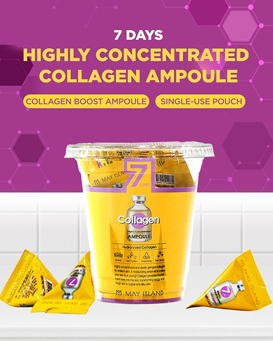 MAY ISLAND 7 Days Highly Concentrated Collagen Ampoule - Korean Intensive Firming Serum with Hydrolyzed Collagen - Single-Use Individual Gel Ampoules for Elasticity & Anti-Aging, 0.1oz. x 12 Pack