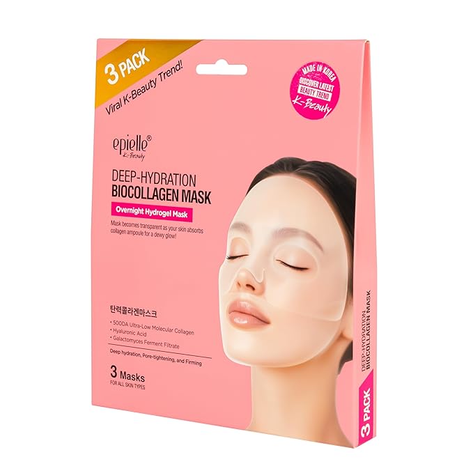 Epielle Deep Hydration BioCollagen Mask 3 Count, Overnight Hydrogel Facial Mask with 500DA Ultra-Low Molecular Collagen, Hyaluronic Acid & Galactomyces Ferment Filtrate, Korean Skin Care