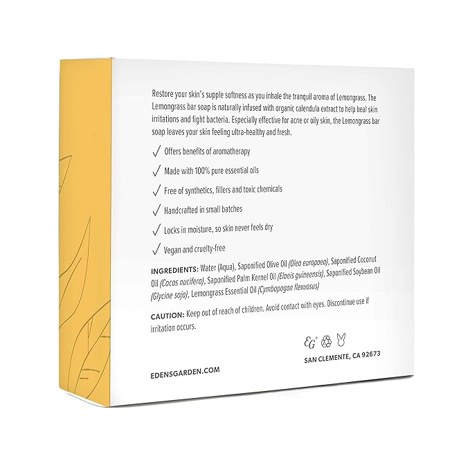 Edens Garden Lemongrass Bar Soap - Natural Cold-Processed Soap with Pure Essential Oils for Hydrating, Moisturizing, & Calming Skin - Handmade Aromatherapy Bath Soap for Face & Body, 4.5 oz (127 g)