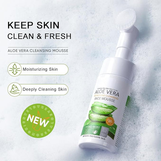 Aloe Vera Foaming Face Wash - Organic Facial Cleanser with Silicone Brush, Natural Face Wash for Women/Girls Clean Oil & Makeup, Soothing Skin, Foaming Cleanser Hydration for Sensitive Skin