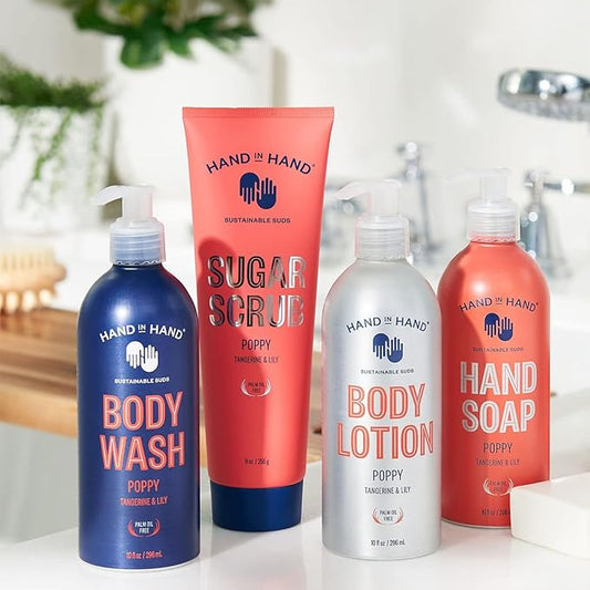 Hand in Hand Body Wash, Body Lotion, Liquid Hand Soap, and Sugar Scrub Combo Pack, Tangerine & Lily, Poppy Scent