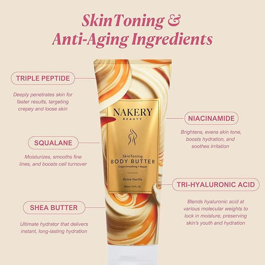 Nakery Skin Toning Body Butter for Women - Firming Body Lotion for Women - Peptide Infused Body Lotion for Crepey & Sagging Skin - Firming Lotion for Neck, Arms & Legs - Dulce Vanilla