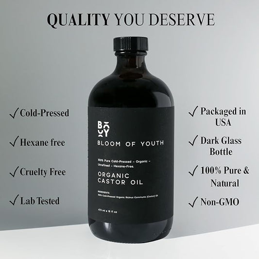100% Pure Cold Pressed Organic Castor Oil, Glass Bottle 16oz | Hexane Free, Unrefined, USDA Certified | For Hair Growth, Skincare, Castor Oil Pack, Face, Joints, Carrier Oil, Eyelashes, Eyebrows