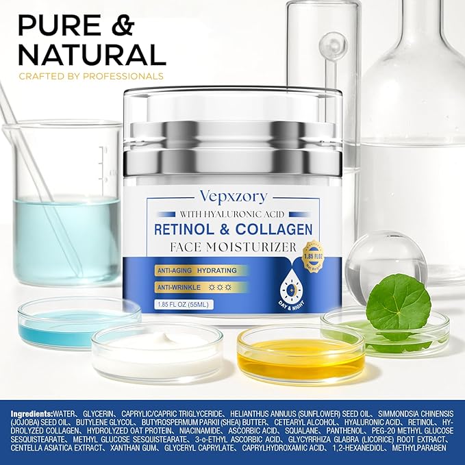 Face Moisturizer Retinol Cream For Face, Collagen Anti Aging Face Cream, Day-Night Neck Cream With Hyaluronic Acid, Wrinkle Cream For Women & Men Reduces Wrinkles, Dryness, 1.85 Fl. Oz