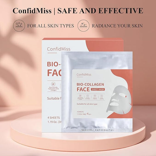 Bio-Collagen Real Deep Face Mask,with Niacinamide Hyaluronic Acid Collagen Deeply Hydrating Brightening Anti-Aging Elasticity Improvement Overnight Facial Mask For Glass Glow Skin 4 Sheets