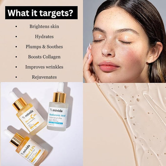 Mivida Anti-Aging Serum Trio| 20% Vitamin C + Hyaluronic Acid + 2.5% Retinol Serums For Face | Brightening, Firming & Hydrating Skincare Set | Reduces Wrinkles, Fine Lines & Dark Spots, 3x1floz