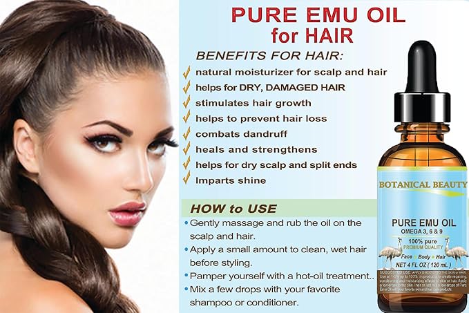 Botanical Beauty PURE EMU OIL 100% Natural Unrefined for Face, Skin, Body, Hands, Feet, Nails, Hair, Lip Care 4 Fl Oz - 120 ml