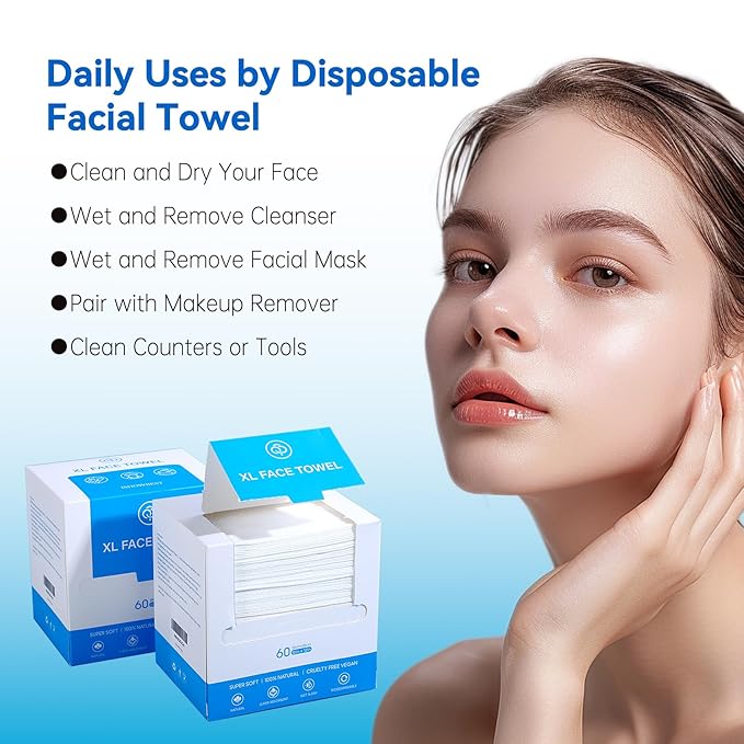 Single Use Face Towels, 10"×12", Ultra Soft and Thick, Disposable Makeup Remover Facial Towels, Dry & Wet Face Wipes for All Skin Types