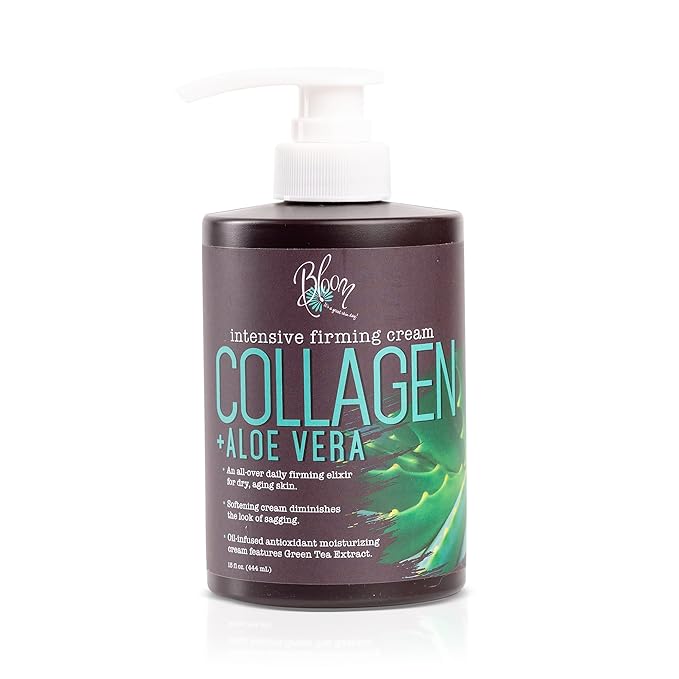 BLOOM Collagen Cream + Aloe Vera & Vitamin E Body Lotion & Face Moisturizer | Fragrance Free Skin Firming Collagen Body Lotion For Women & Men | Anti Aging Crepey Skin Tightening Cream, 15 Ounce